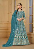 Monjolika Fashion Faux Georgette Teal Anarkali Salwar Kameez | Grocsy
