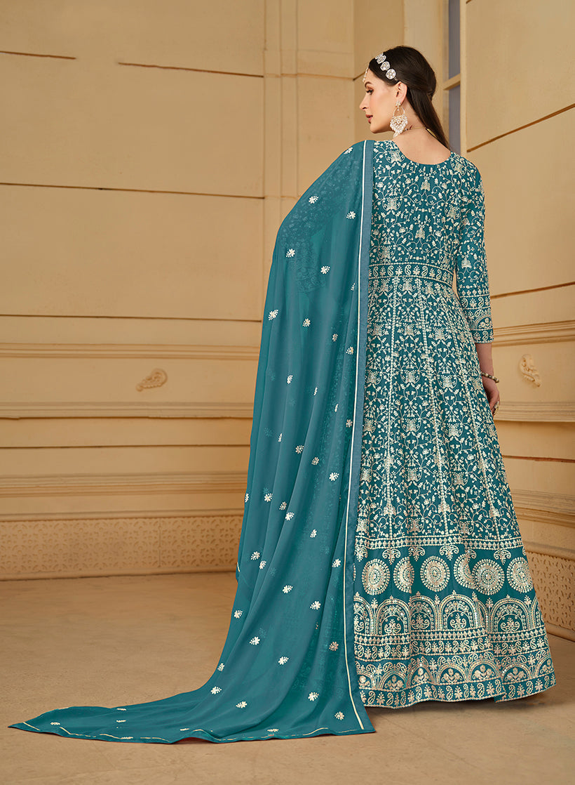 Monjolika Fashion Faux Georgette Teal Anarkali Salwar Kameez | Grocsy