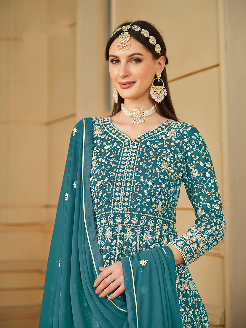 Monjolika Fashion Faux Georgette Teal Anarkali Salwar Kameez | Grocsy