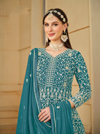 Monjolika Fashion Faux Georgette Teal Anarkali Salwar Kameez | Grocsy
