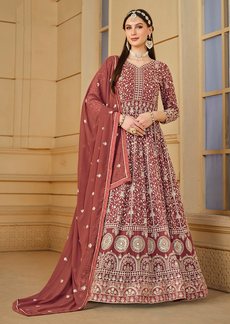 Monjolika Fashion Faux Georgette Light Brown Anarkali Salwar Kameez | Grocsy