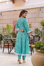 Juniper Women's Teal Cotton Printed Straight Kurta Pant Dupatta Set | Grocsy