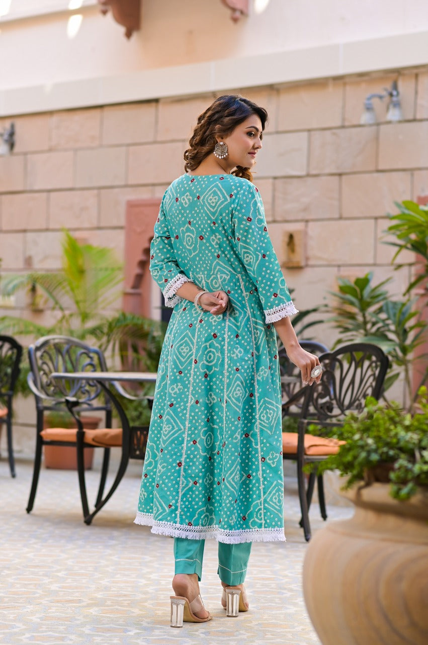 Juniper Women's Teal Cotton Printed Straight Kurta Pant Dupatta Set | Grocsy