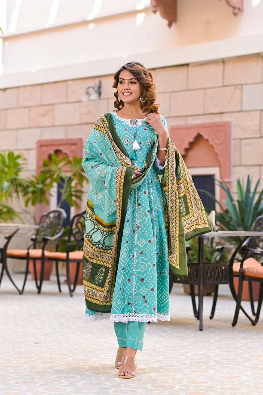 Juniper Women's Teal Cotton Printed Straight Kurta Pant Dupatta Set | Grocsy