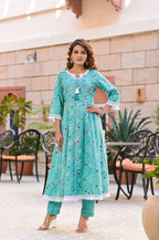 Juniper Women's Teal Cotton Printed Straight Kurta Pant Dupatta Set | Grocsy