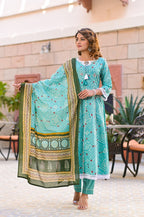 Juniper Women's Teal Cotton Printed Straight Kurta Pant Dupatta Set | Grocsy