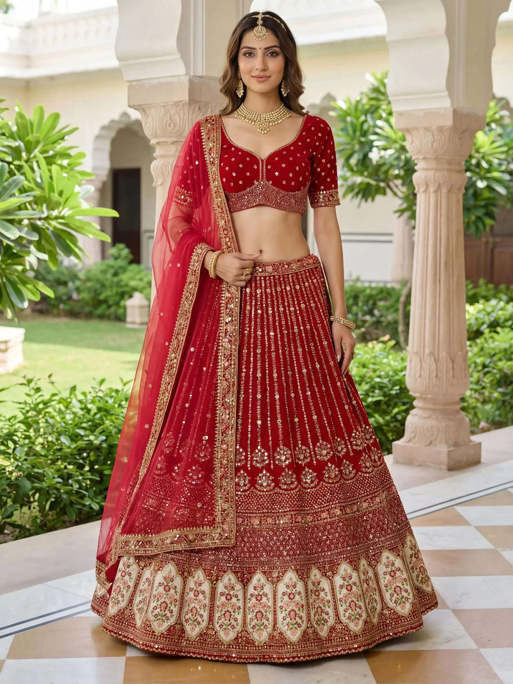Tulsi Art Incredible Maroon Embroidered Organza Bridal Lehenga Choli | Grocsy