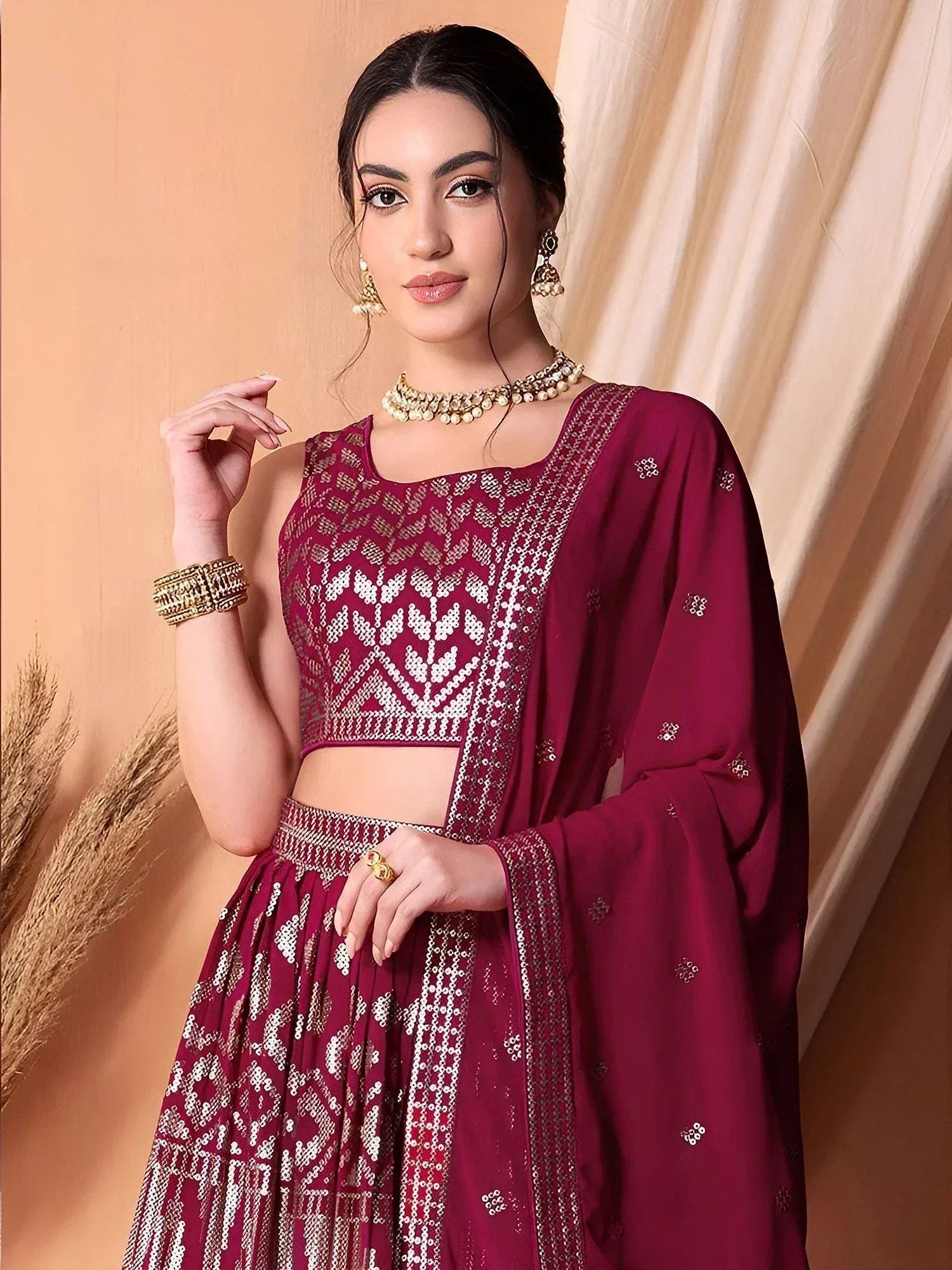 Tulsi Art Stunning Dark Pink Sequins Georgette Lehenga Choli With Dupatta | Grocsy