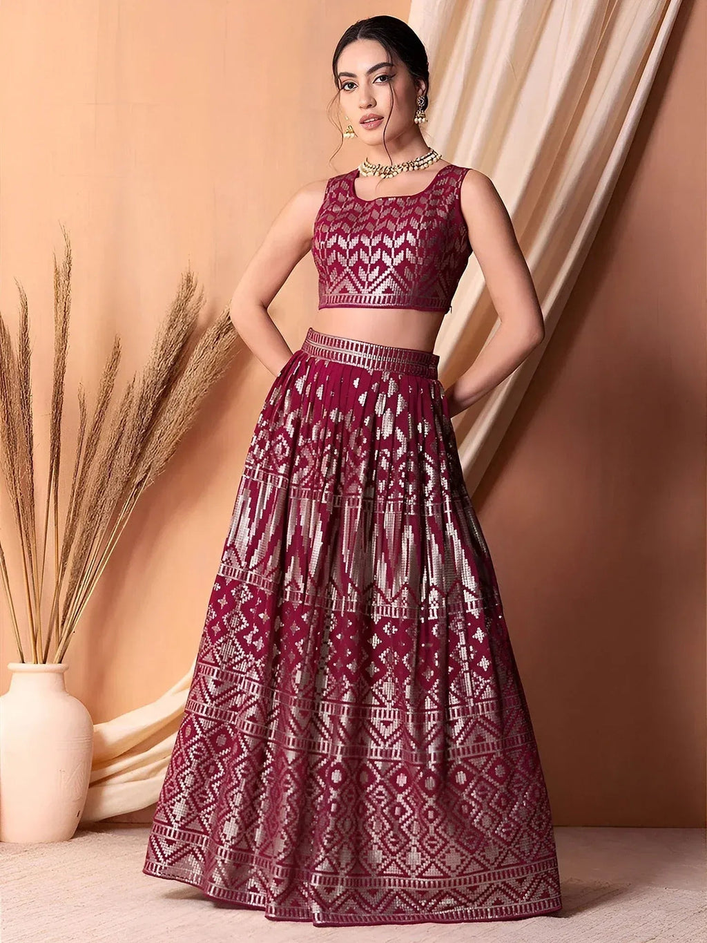 Tulsi Art Stunning Dark Pink Sequins Georgette Lehenga Choli With Dupatta | Grocsy