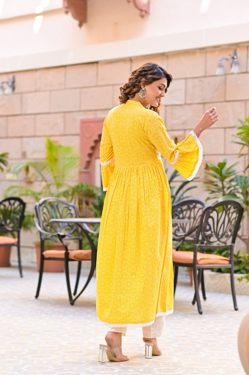 Juniper Women's Yellow Cotton Printed Straight Kurta Pant Dupatta Set | Grocsy