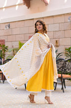 Juniper Women's Yellow Cotton Printed Straight Kurta Pant Dupatta Set | Grocsy