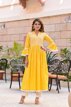 Juniper Women's Yellow Cotton Printed Straight Kurta Pant Dupatta Set | Grocsy