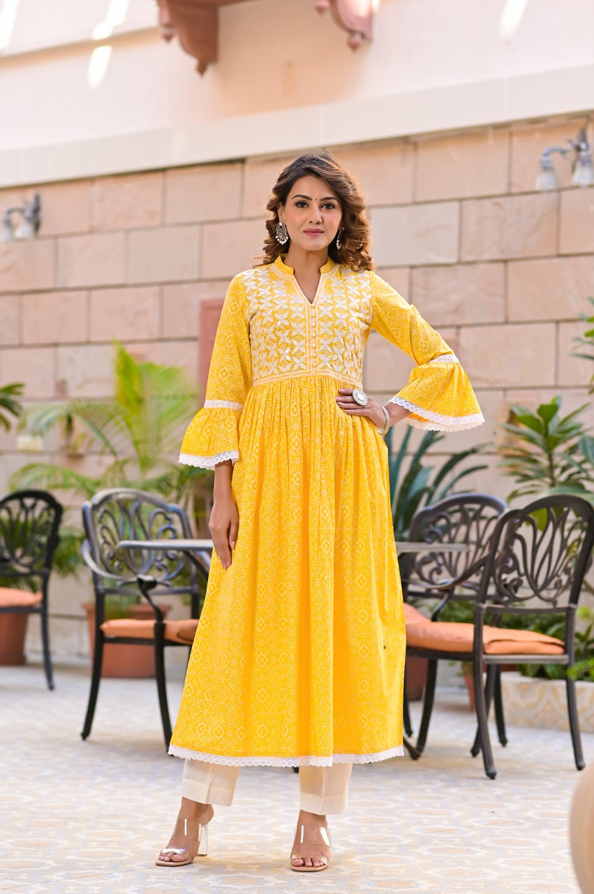 Juniper Women's Yellow Cotton Printed Straight Kurta Pant Dupatta Set | Grocsy