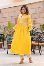 Juniper Women's Yellow Cotton Printed Straight Kurta Pant Dupatta Set | Grocsy