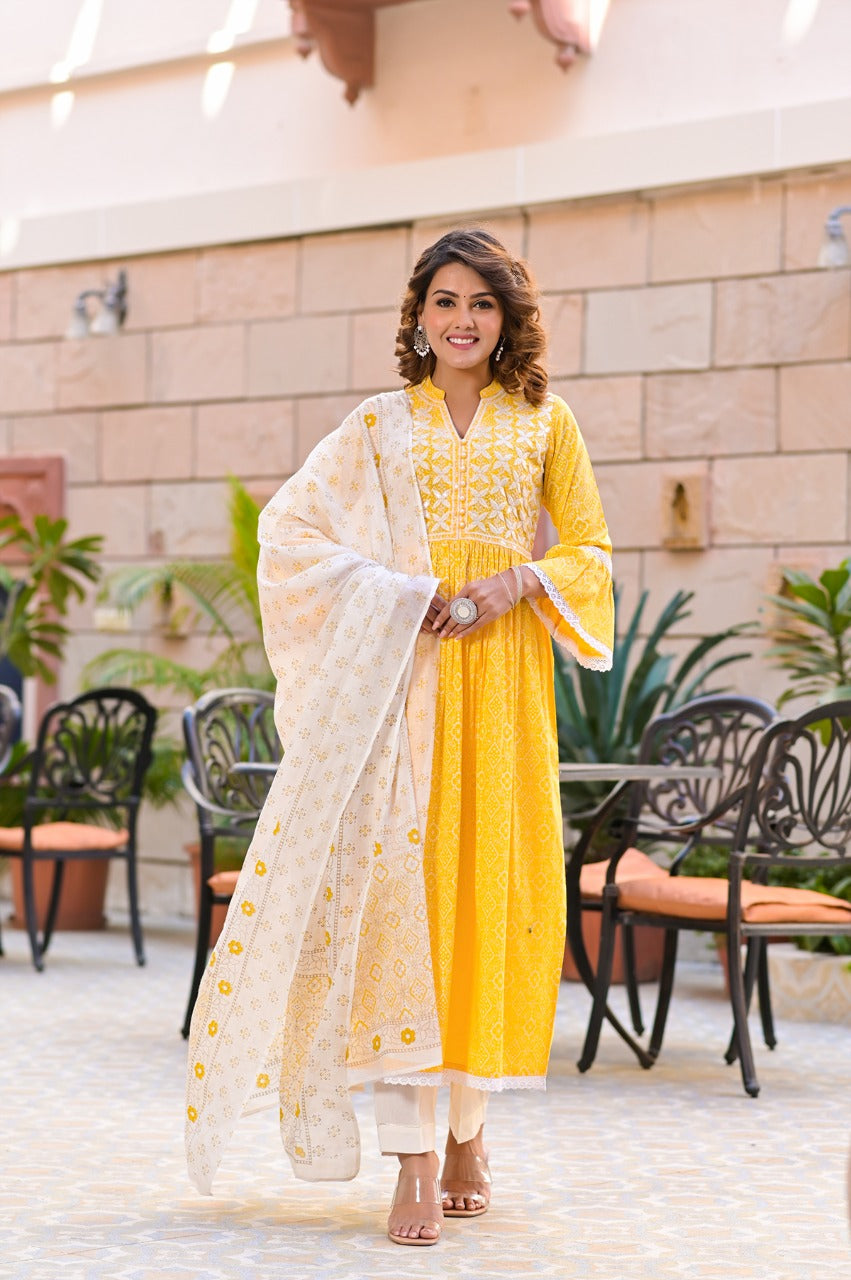 Juniper Women's Yellow Cotton Printed Straight Kurta Pant Dupatta Set | Grocsy