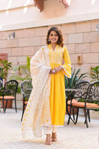 Juniper Women's Yellow Cotton Printed Straight Kurta Pant Dupatta Set | Grocsy
