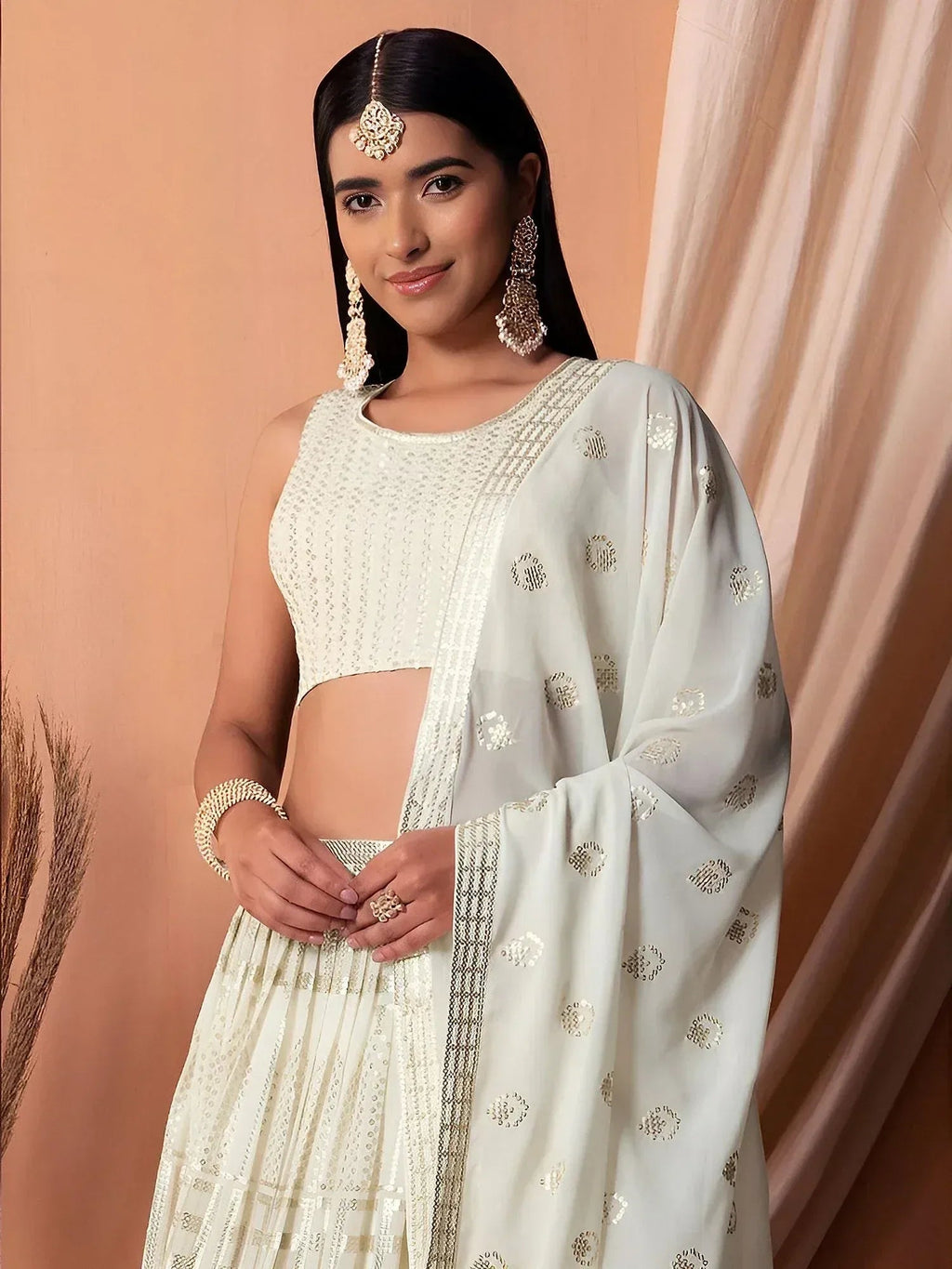 Tulsi Art Awesome White Sequins Georgette Festival Wear Lehenga Choli With Dupatta | Grocsy