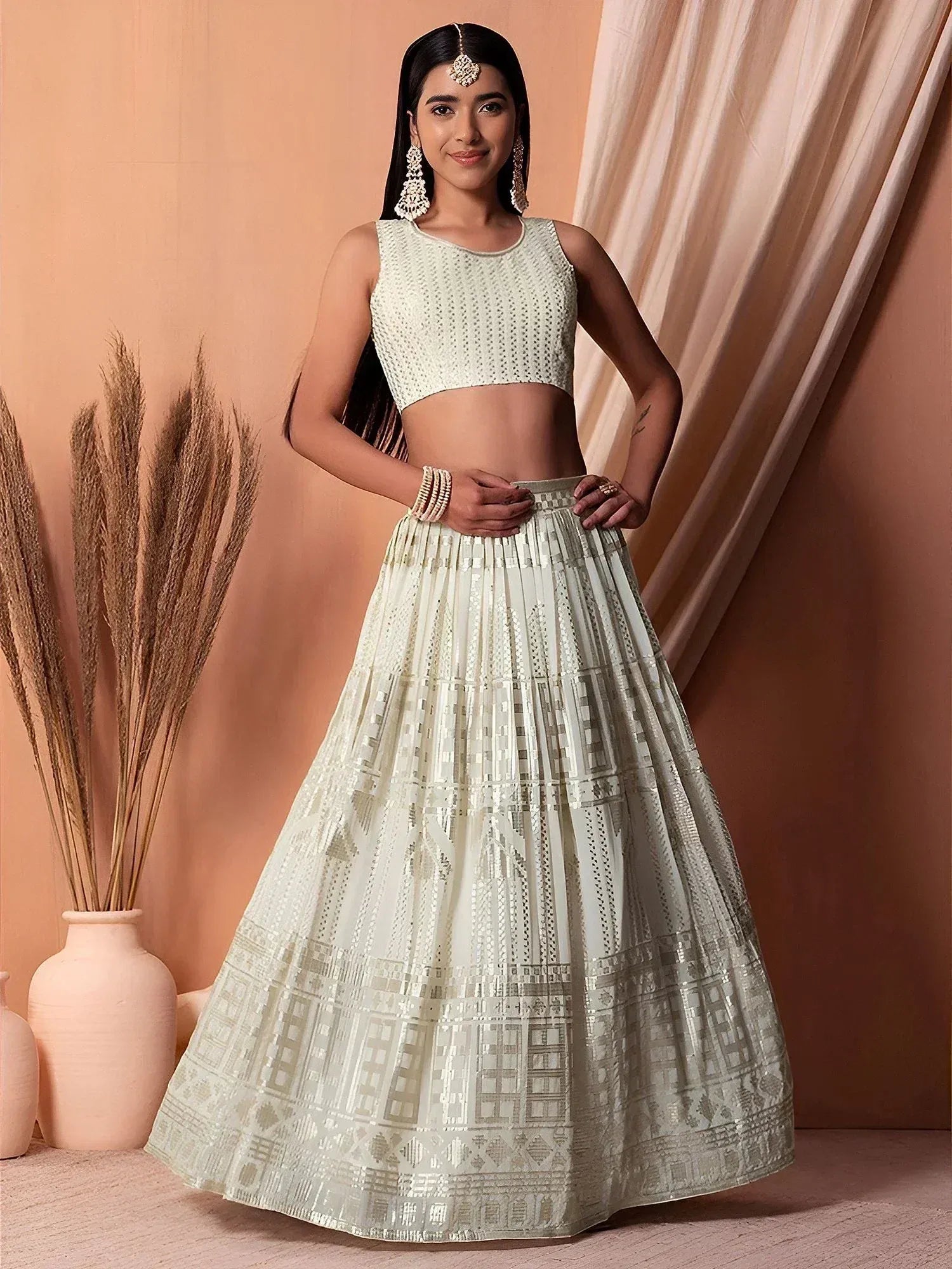 Tulsi Art Awesome White Sequins Georgette Festival Wear Lehenga Choli With Dupatta | Grocsy