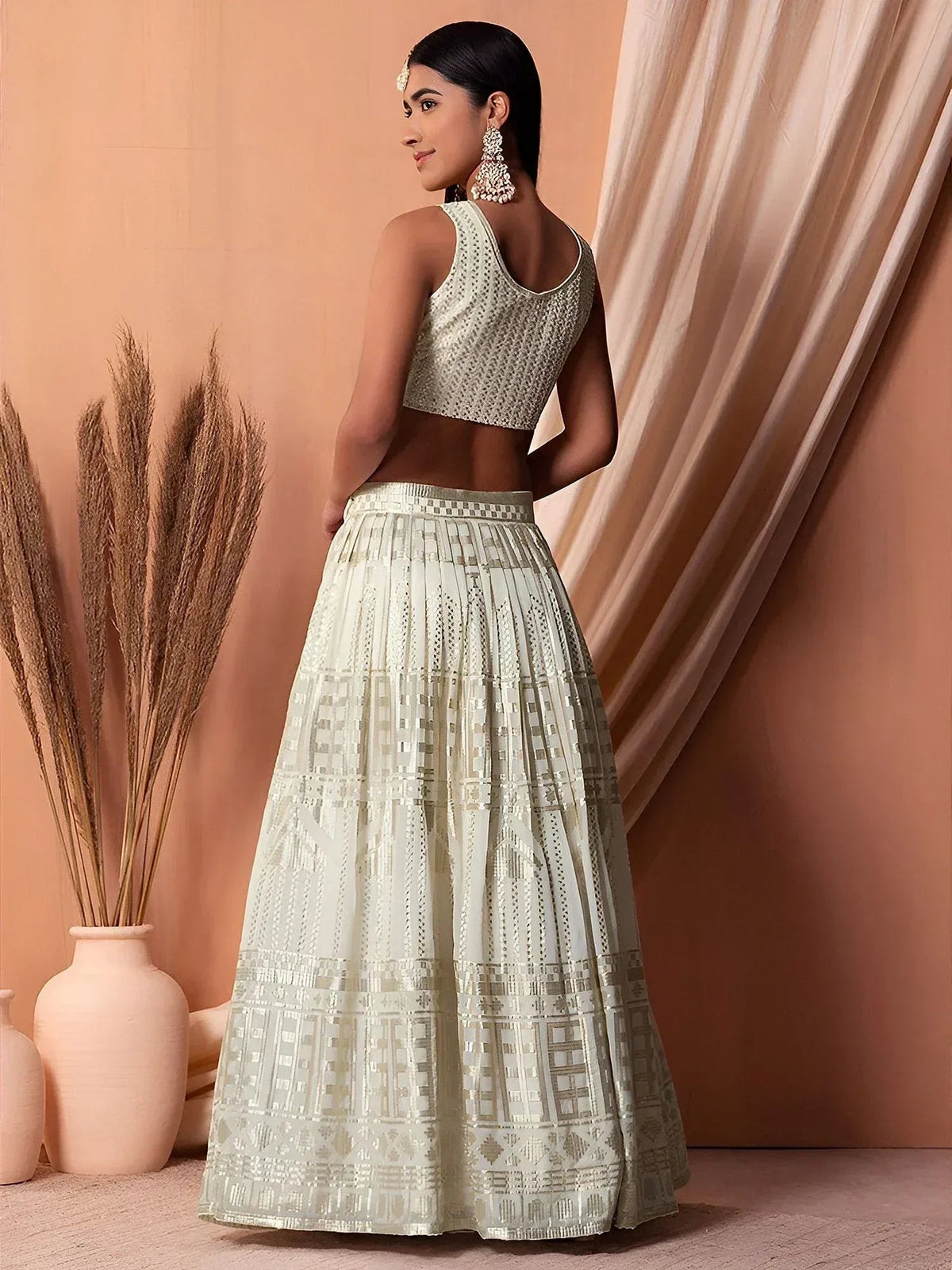 Tulsi Art Awesome White Sequins Georgette Festival Wear Lehenga Choli With Dupatta | Grocsy
