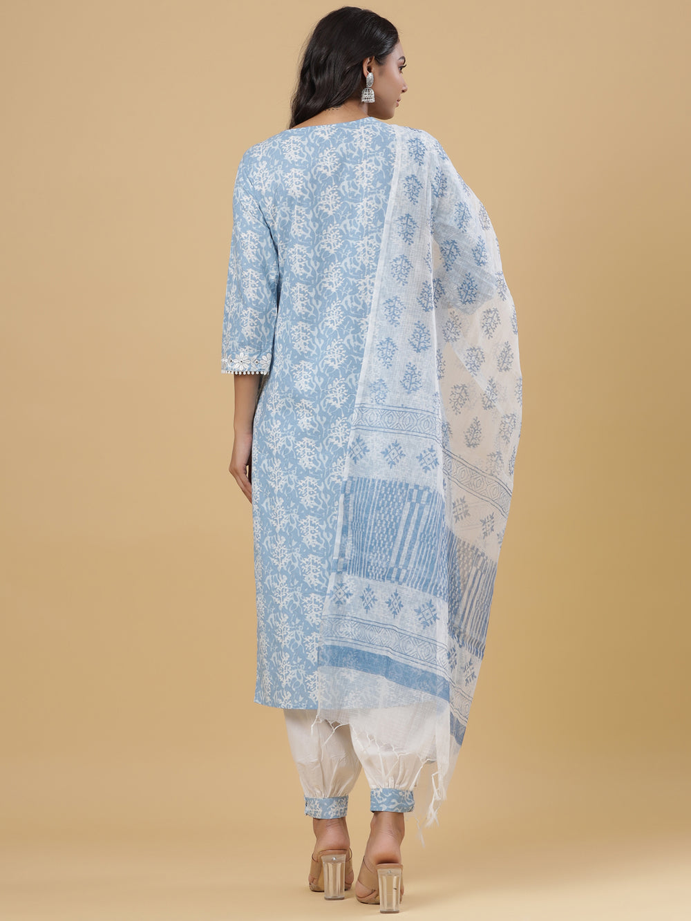 Juniper Women's Sky Blue Cotton Printed Straight Kurta Pant Dupatta Set | Grocsy