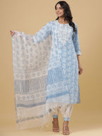 Juniper Women's Sky Blue Cotton Printed Straight Kurta Pant Dupatta Set | Grocsy