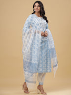 Juniper Women's Sky Blue Cotton Printed Straight Kurta Pant Dupatta Set | Grocsy