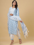 Juniper Women's Sky Blue Cotton Printed Straight Kurta Pant Dupatta Set | Grocsy