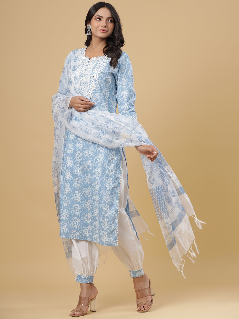 Juniper Women's Sky Blue Cotton Printed Straight Kurta Pant Dupatta Set | Grocsy