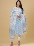 Juniper Women's Sky Blue Cotton Printed Straight Kurta Pant Dupatta Set | Grocsy