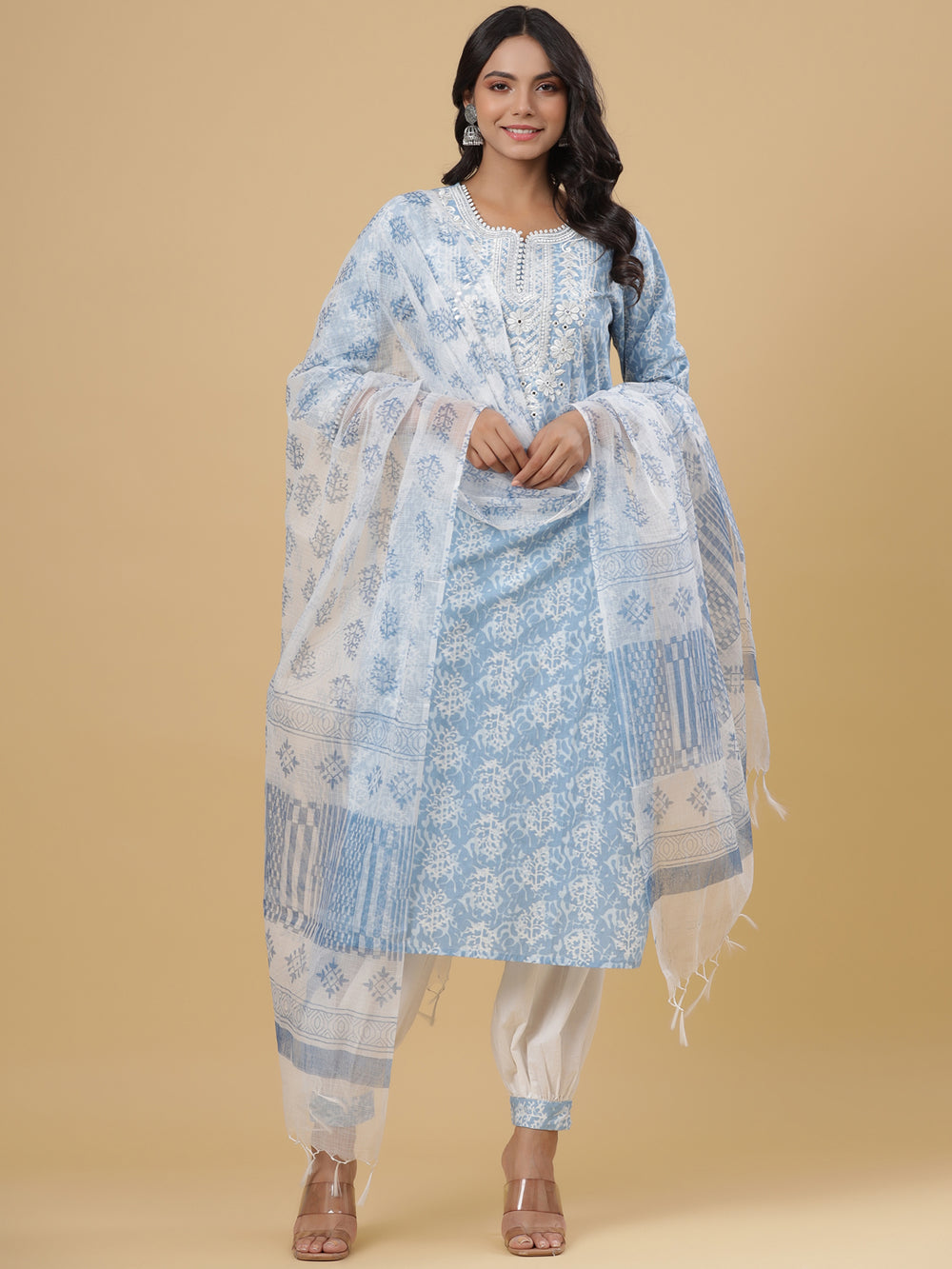 Juniper Women's Sky Blue Cotton Printed Straight Kurta Pant Dupatta Set | Grocsy