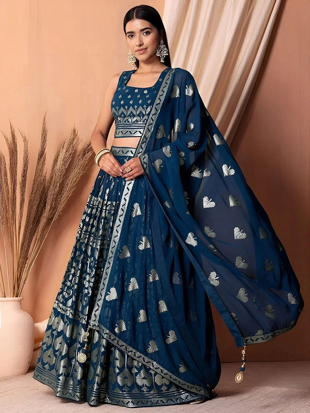 Tulsi Art Dazzling Teal Blue Sequins Georgette Festival Wear Lehenga Choli | Grocsy