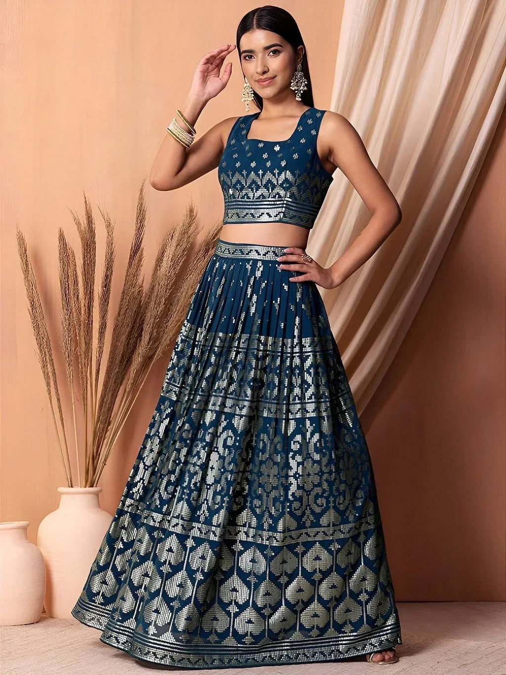 Tulsi Art Dazzling Teal Blue Sequins Georgette Festival Wear Lehenga Choli | Grocsy