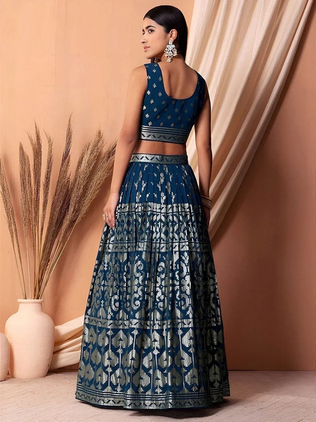 Tulsi Art Dazzling Teal Blue Sequins Georgette Festival Wear Lehenga Choli | Grocsy