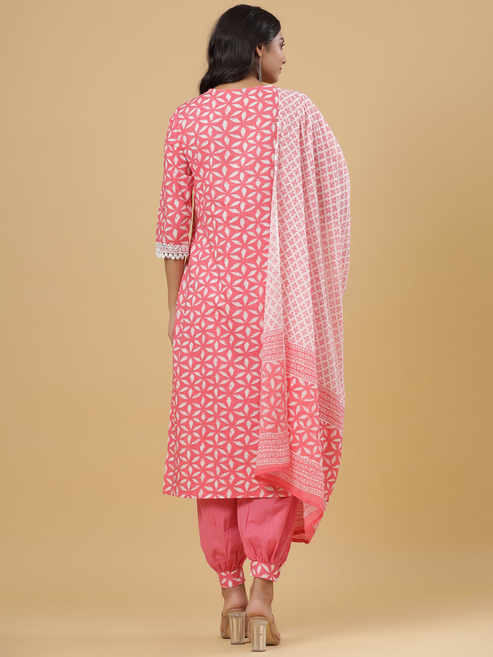 Juniper Women's Pink Cotton Printed Straight Kurta Pant Dupatta Set | Grocsy