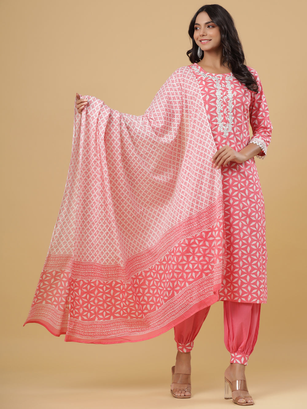 Juniper Women's Pink Cotton Printed Straight Kurta Pant Dupatta Set | Grocsy