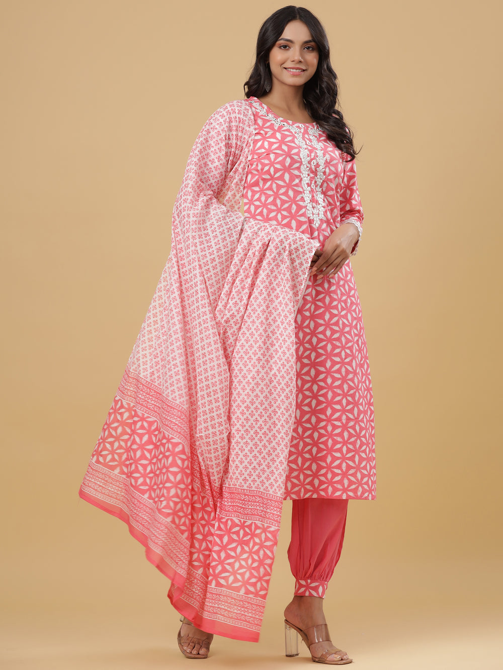 Juniper Women's Pink Cotton Printed Straight Kurta Pant Dupatta Set | Grocsy