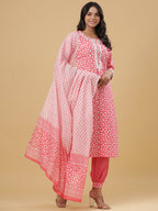 Juniper Women's Pink Cotton Printed Straight Kurta Pant Dupatta Set | Grocsy