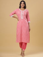 Juniper Women's Pink Cotton Printed Straight Kurta Pant Dupatta Set | Grocsy