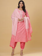 Juniper Women's Pink Cotton Printed Straight Kurta Pant Dupatta Set | Grocsy
