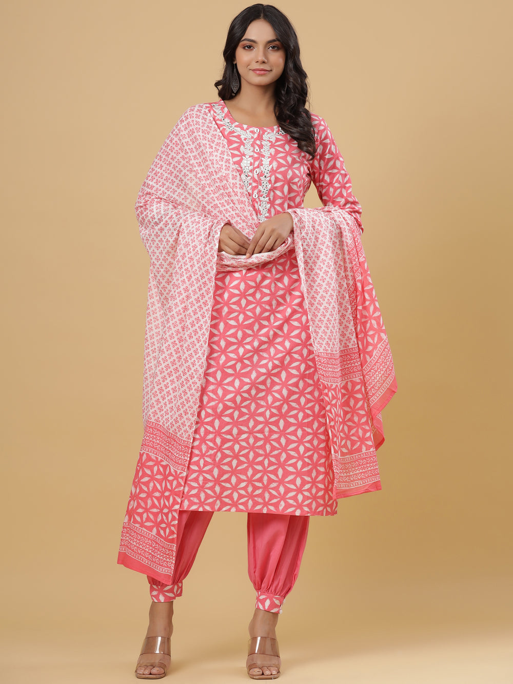 Juniper Women's Pink Cotton Printed Straight Kurta Pant Dupatta Set | Grocsy