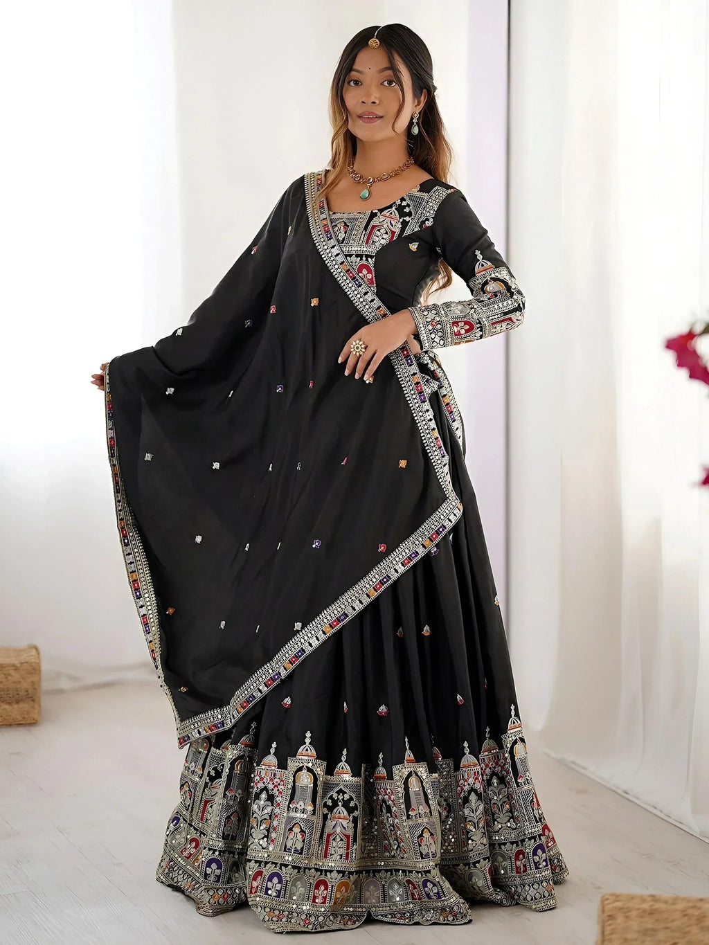 Tulsi Art Amazing Black Thread Work Crepe Traditional Lehenga Choli With Dupatta | Grocsy