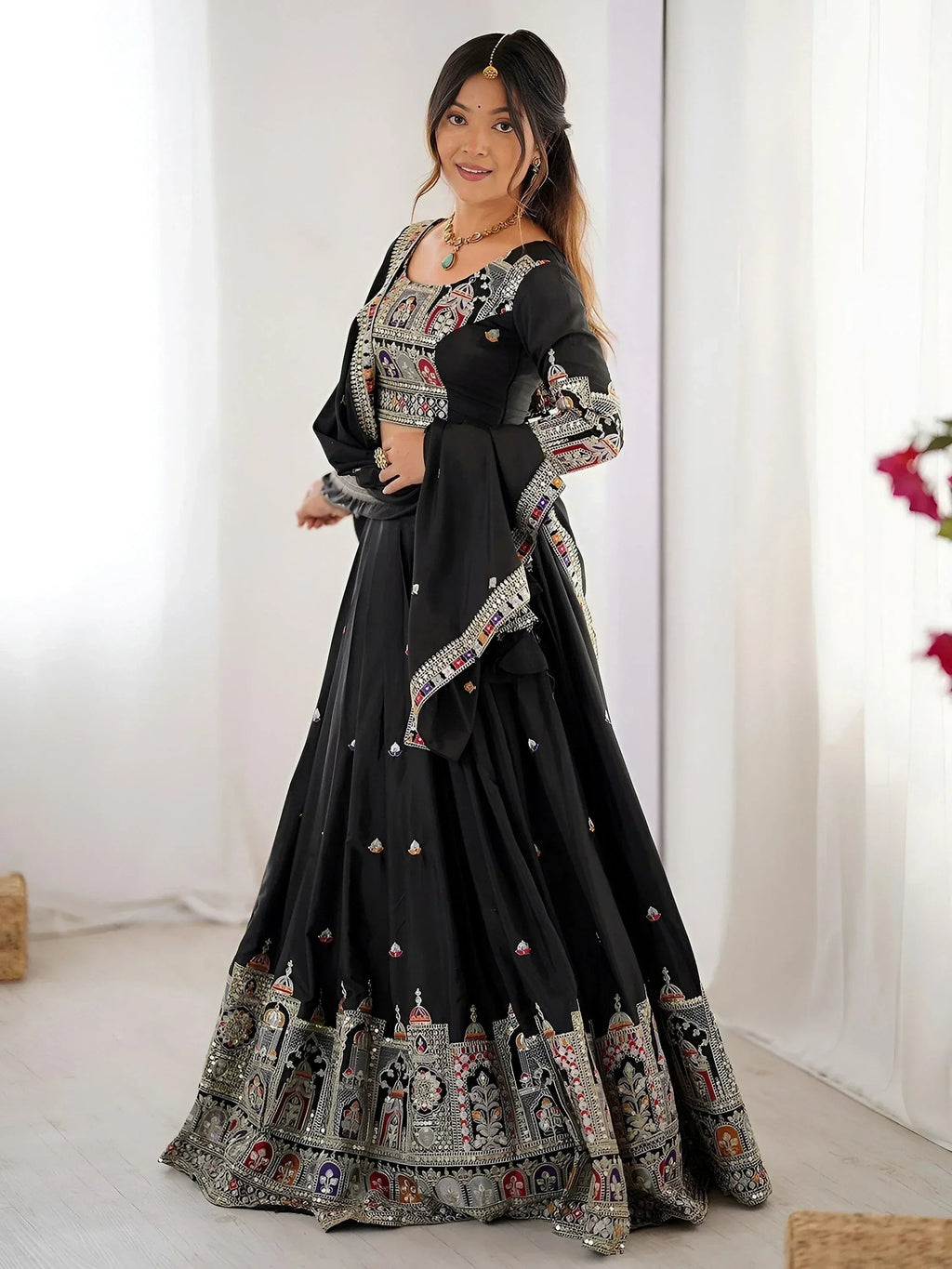 Tulsi Art Amazing Black Thread Work Crepe Traditional Lehenga Choli With Dupatta | Grocsy