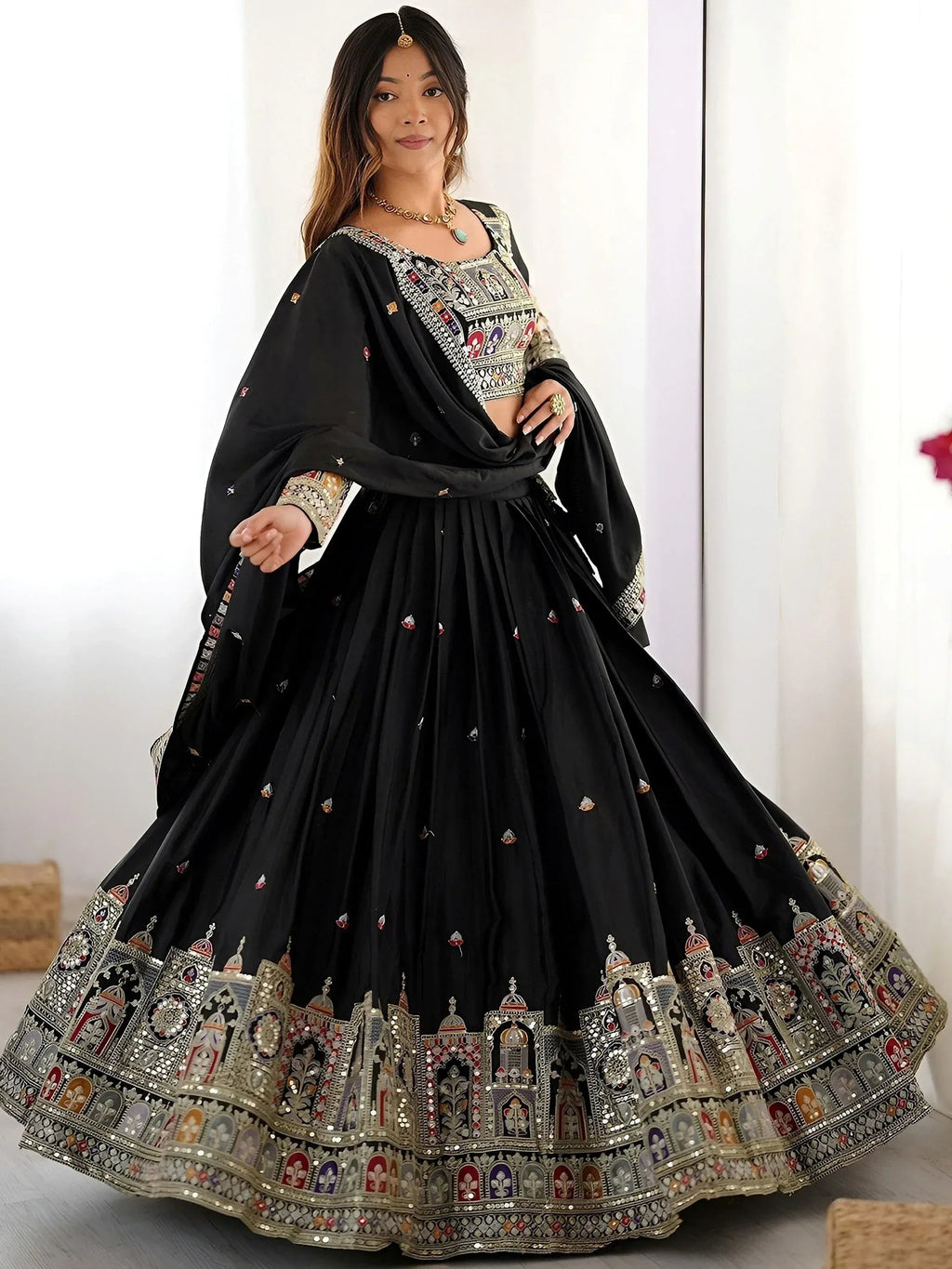Tulsi Art Amazing Black Thread Work Crepe Traditional Lehenga Choli With Dupatta | Grocsy