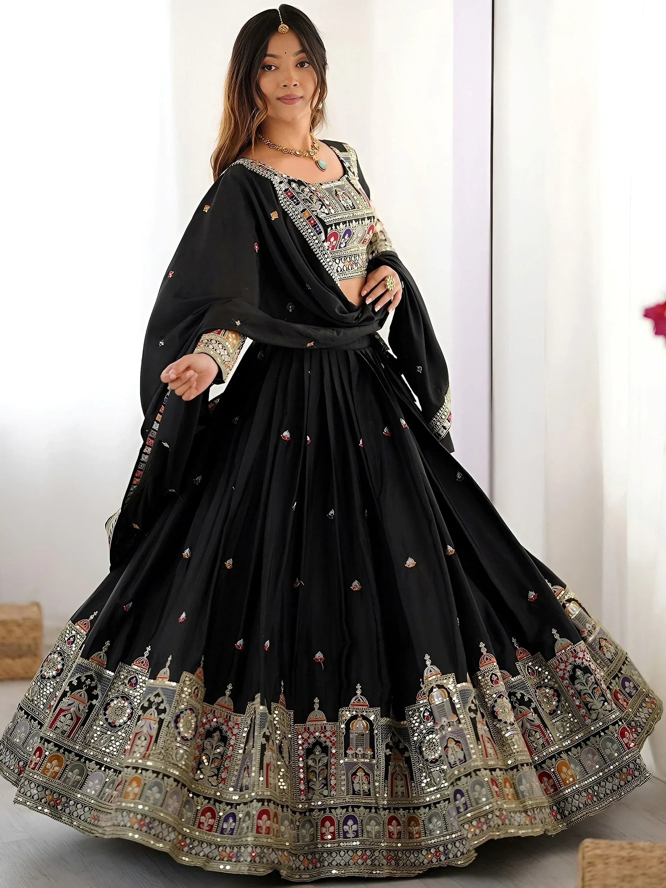 Tulsi Art Amazing Black Thread Work Crepe Traditional Lehenga Choli With Dupatta | Grocsy
