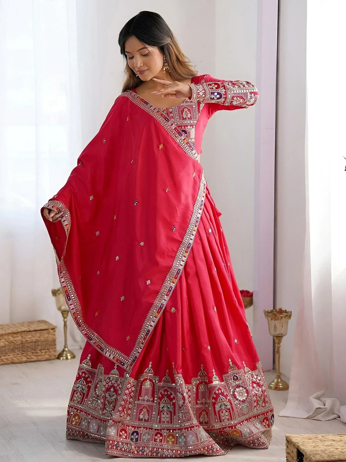 Tulsi Art Magnetic Pink Coding Work Crepe Silk Designer Lehenga Choli | Grocsy