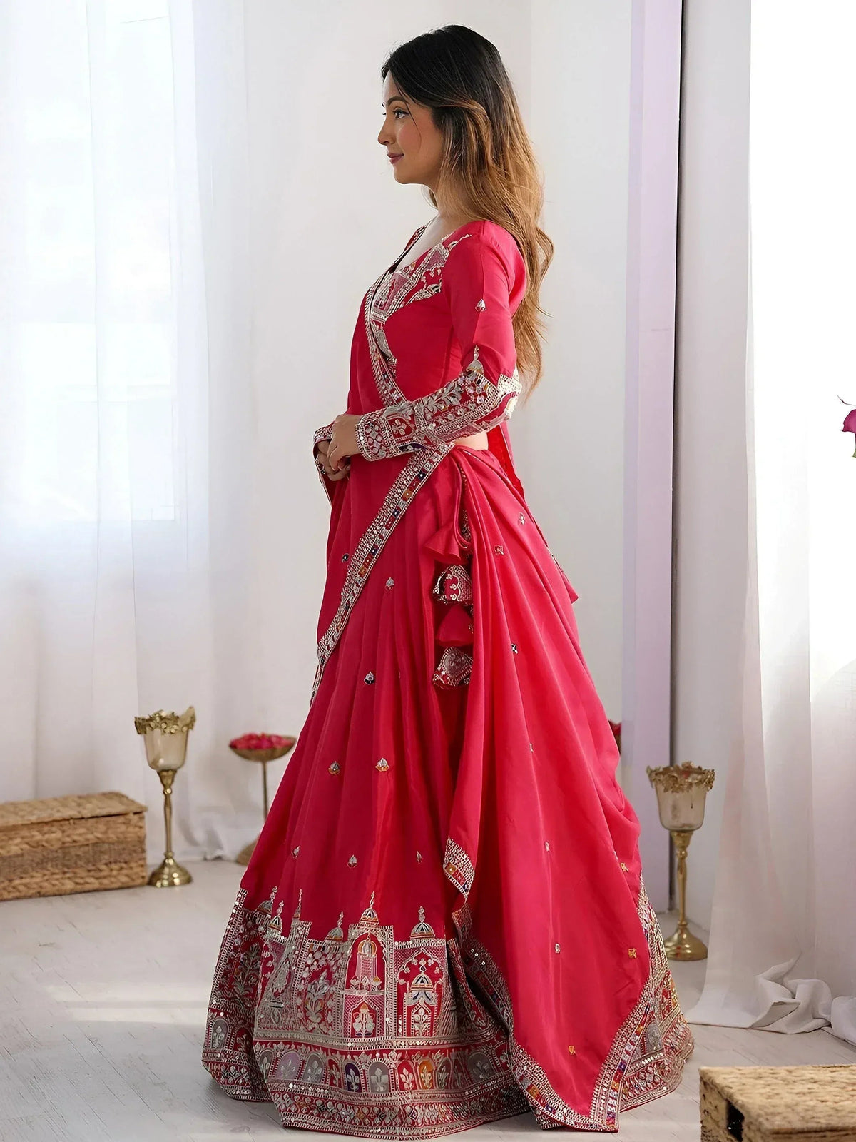Tulsi Art Magnetic Pink Coding Work Crepe Silk Designer Lehenga Choli | Grocsy