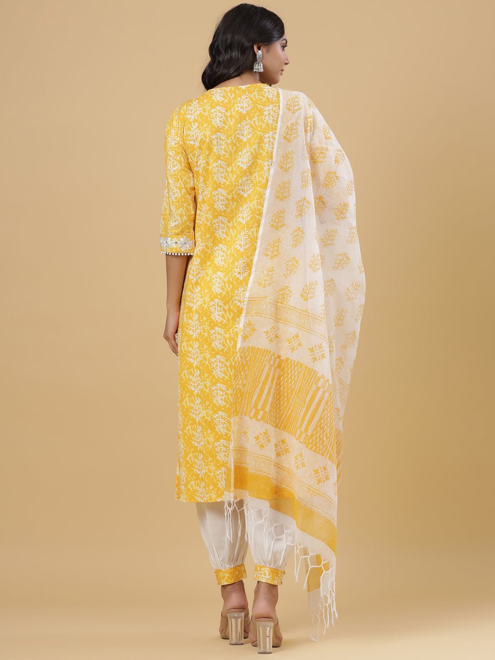 Juniper Women's Yellow Cotton Printed Straight Kurta Pant Dupatta Set | Grocsy
