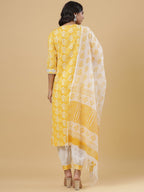 Juniper Women's Yellow Cotton Printed Straight Kurta Pant Dupatta Set | Grocsy