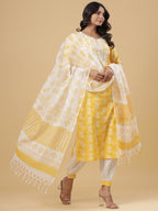 Juniper Women's Yellow Cotton Printed Straight Kurta Pant Dupatta Set | Grocsy