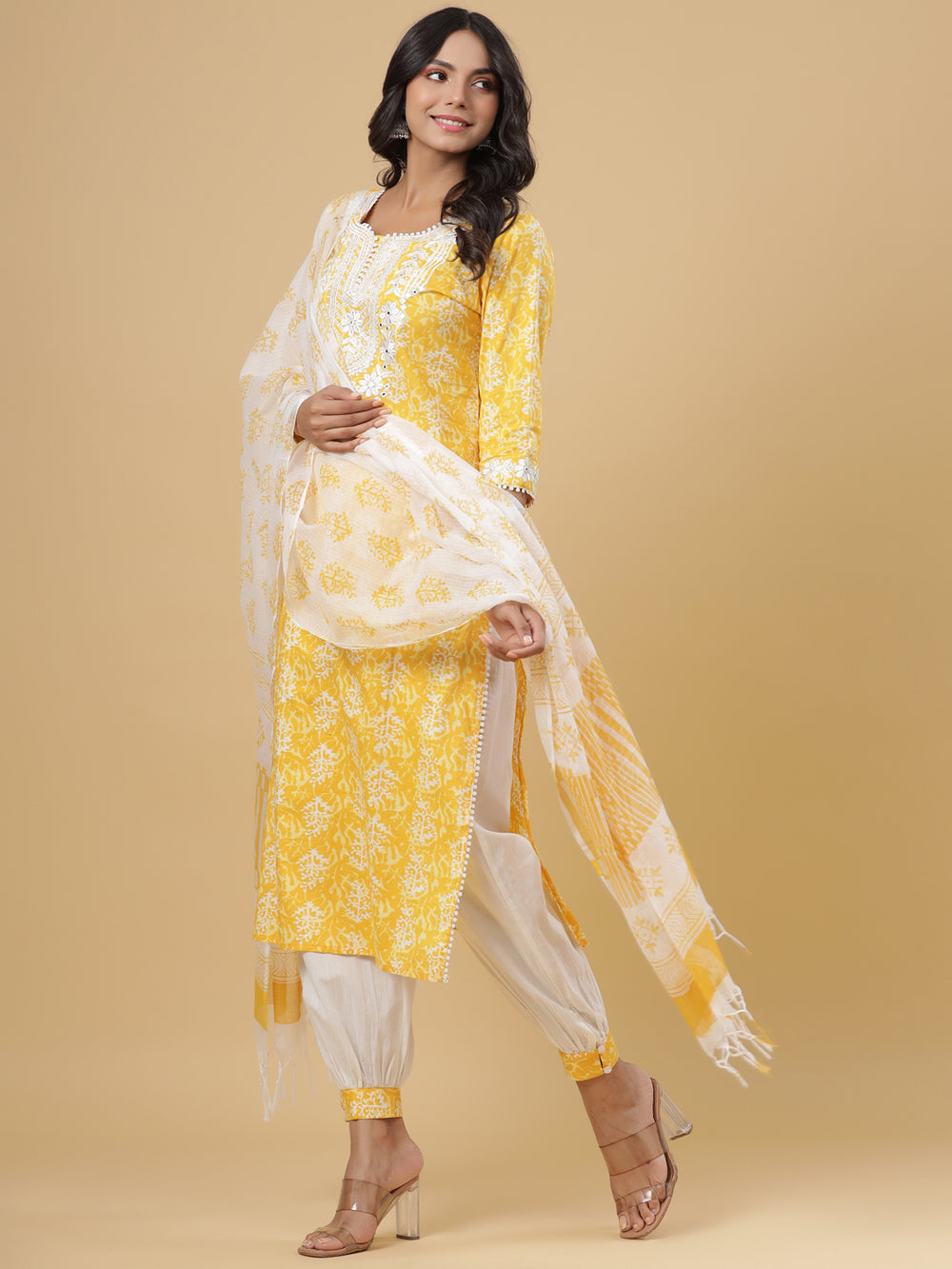 Juniper Women's Yellow Cotton Printed Straight Kurta Pant Dupatta Set | Grocsy